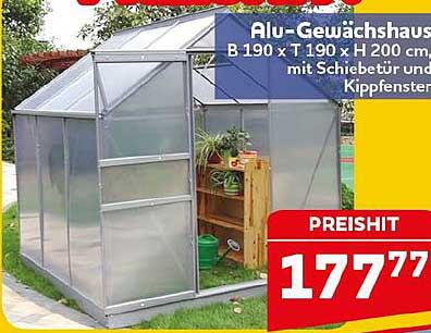 Alu-Gewächshaus B 190 x T 190 x H 200 cm, mit Schiebetür und Kippfenstern