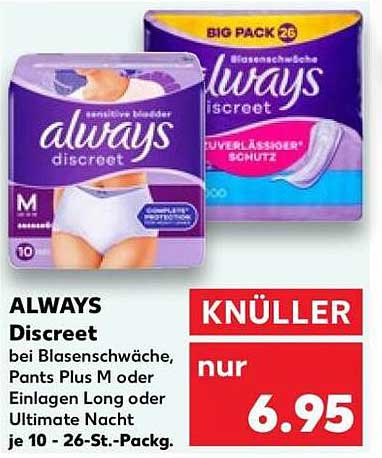 ALWAYS Discreet bei Blasenschwäche, Pants Plus M oder Einlagen Long oder Ultimate Nacht je 10 - 26-St.-Packg.