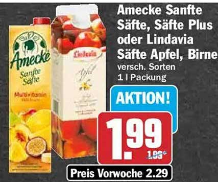 Amecke Sanfte Säfte, Säfte Plus oder Lindavia Säfte Apfel, Birne versch. Sorten 1 l Packung
