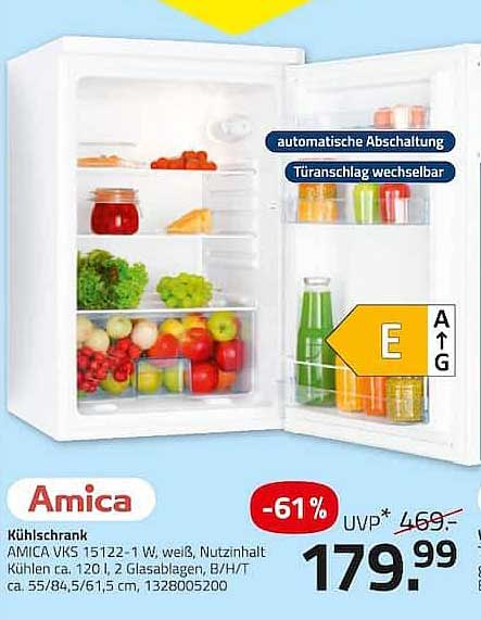 Amica Kühlschrank AMICA VKS 15122-1 W, weiß, Nutzinhalt Kühlen ca. 120 l, 2 Glasablagen, B/H/T ca. 55/84,5/61,5 cm, 1328005200