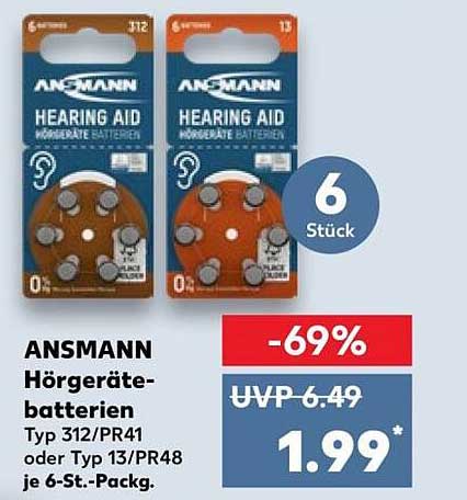 ANSMANN Hörgerätebatterien Typ 312/PR41 oder Typ 13/PR48 je 6-St.-Packg.