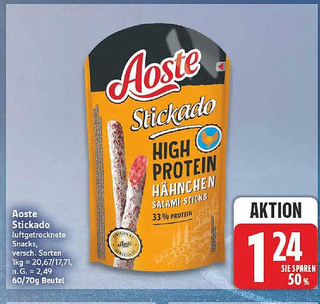 Aoste Stickado luftgetrocknete Snacks, versch. Sorten, 1kg = 20,67/17,71, n. G. = 2,49, 60/70g Beutel