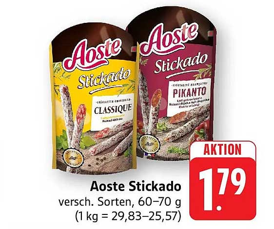 Aoste Stickado versch. Sorten, 60–70 g (1 kg = 29,83–25,57)