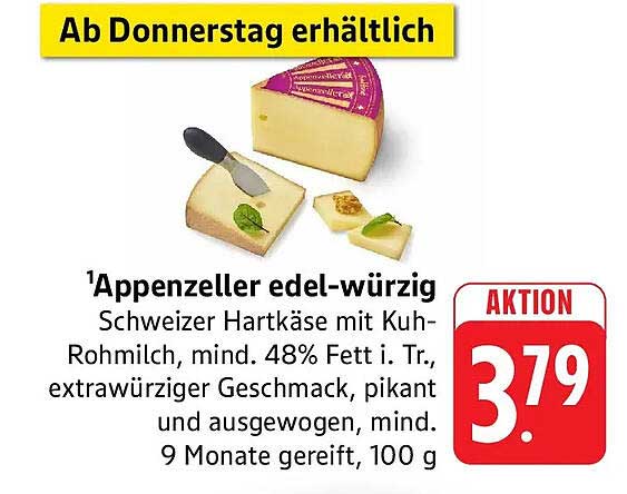 Appenzeller edel-würzig Schweizer Hartkäse mit Kuh-Rohmilch, mind. 48% Fett i. Tr., extrawürziger Geschmack, pikant und ausgewogen, mind. 9 Monate gereift, 100 g