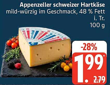 Appenzeller schweizer Hartkäse mild-würzig im Geschmack, 48 % Fett i. Tr. 100 g