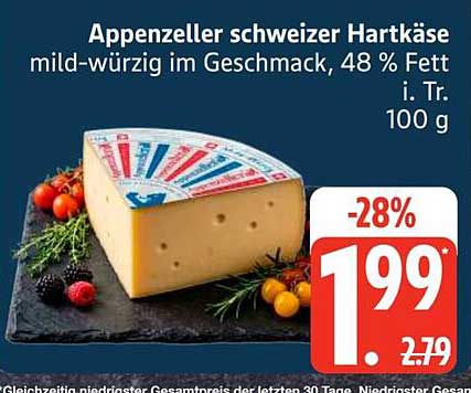 Appenzeller schweizer Hartkäse mild-würzig im Geschmack, 48 % Fett i. Tr. 100 g