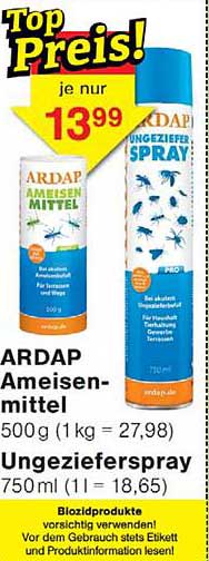 ARDAP Ameisenmittel 500g (1 kg = 27,98) Ungezieferspray 750 ml (1 l = 18,65)