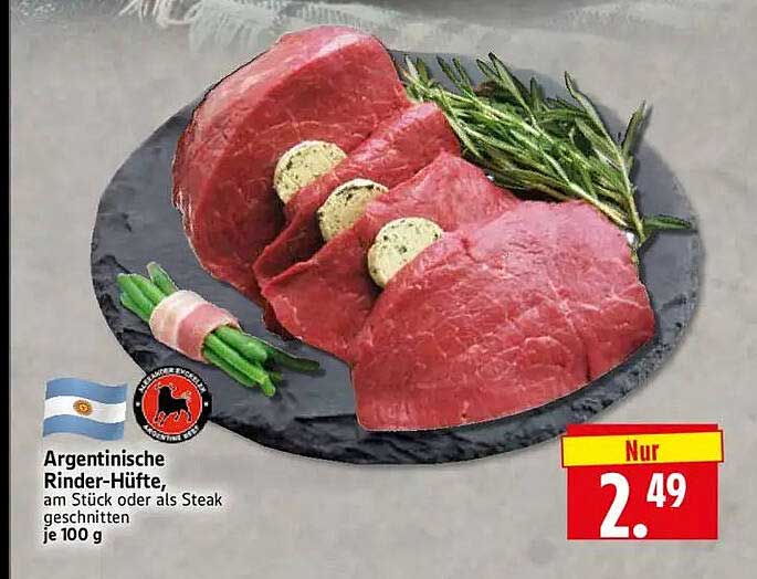 Argentinische Rinder-Hüfte, am Stück oder als Steak geschnitten je 100 g
