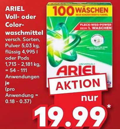ARIEL Voll- oder Color-waschmittel versch. Sorten, Pulver 5,03 kg, flüssig, 4,995 l oder Pods 1,713 - 2,181 kg, = 54 - 111 Anwendungen je (pro Anwendung = 0,18 - 0,37)