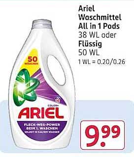 Ariel Waschmittel All in 1 Pods 38 WL oder Flüssig 50 WL