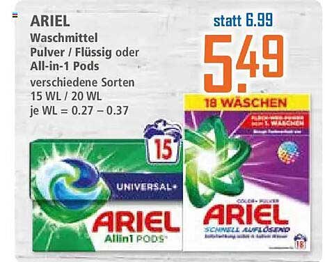 ARIEL Waschmittel Pulver / Flüssig oder All-in-1 Pods verschiedene Sorten 15 WL / 20 WL je WL = 0.27 – 0.37