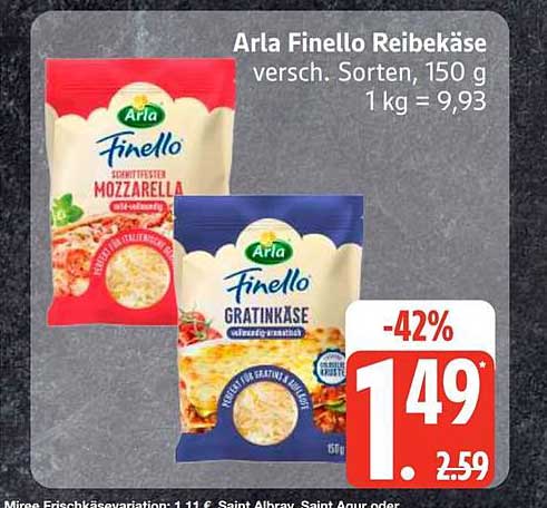 Arla Finello Reibekäse versch. Sorten, 150 g 1 kg = 9,93