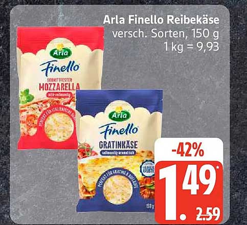 Arla Finello Reibekäse versch. Sorten, 150 g 1 kg = 9,93