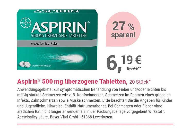 Aspirin® 500 mg überzogene Tabletten, 20 Stück*