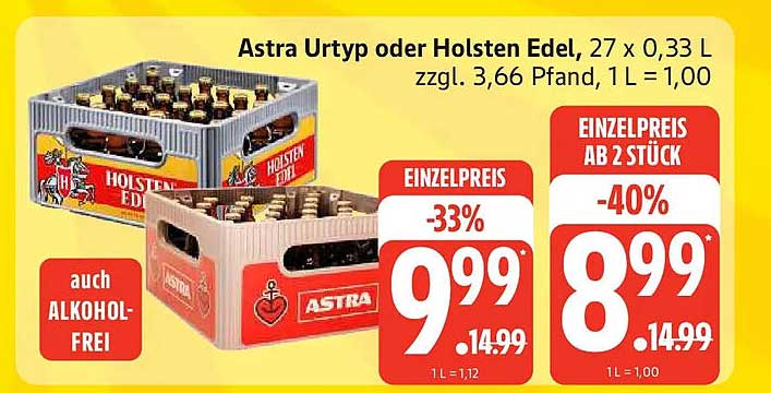 Astra Urtyp oder Holsten Edel, 27 x 0,33 L