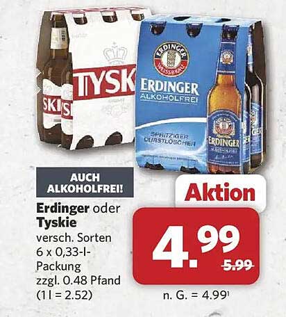 AUCH ALKOHOLFREI! Erdinger oder Tyskie versch. Sorten 6 x 0,33-l-Packung zzgl. 0.48 Pfand (1 l = 2.52)