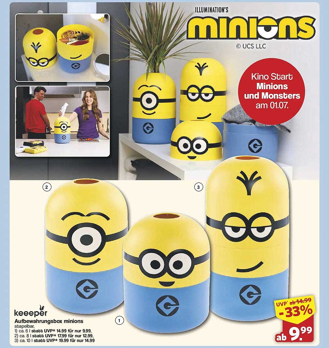 Aufbewahrungsbox minions stapelbar, 1) ca. 6 l statt UVP* 14.99 für nur 9.99, 2) ca. 8 l statt UVP* 17.99 für nur 12.99, 3) ca. 10 l statt UVP* 19.99 für nur 14.99
