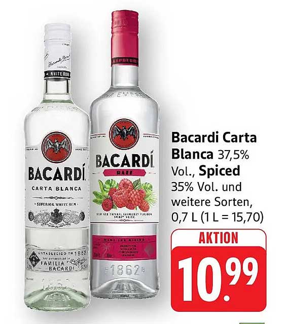 Bacardi Carta Blanca 37,5% Vol., Spiced 35% Vol. und weitere Sorten, 0,7 L (1 L = 15,70)