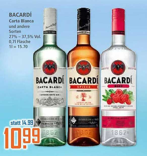 BACARDÍ Carta Blanca und andere Sorten 27% – 37,5% Vol. 0,7l Flasche 1l = 15.70