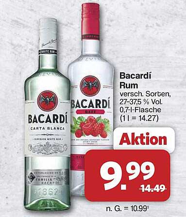 Bacardí Rum versch. Sorten, 27-37,5 % Vol. 0,7-l-Flasche (1 l = 14.27)