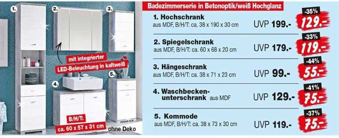 Badezimmerserie in Betonoptik/weiß Hochglanz