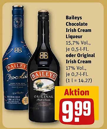 Baileys Chocolate Irish Cream Likör 15,7% Vol., je 0,5-l-Fl. oder Original Irish Cream 17% Vol., je 0,7-l-Fl. (1 l = 14.27)