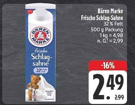 Bären Marke Frische Schlag-Sahne 32% Fett 500 g Packung