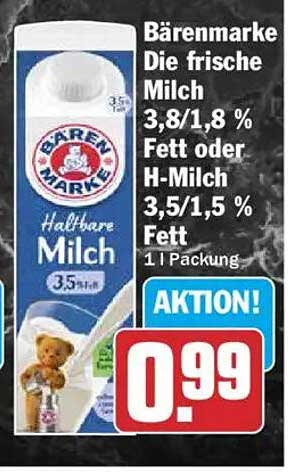 Bärenmarke Die frische Milch 3,8/1,8 % Fett oder H-Milch 3,5/1,5 % Fett 1 l Packung AKTION!