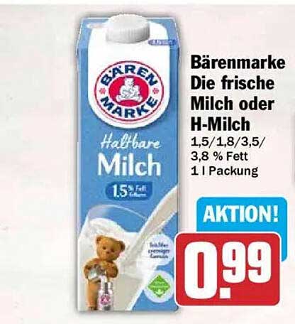 Bärenmarke Die frische Milch oder H-Milch 1,5/1,8/3,5/3,8 % Fett 1 l Packung