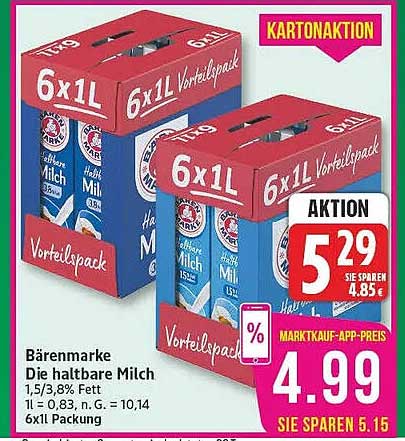 Bärenmarke Die haltbare Milch 1,5/3,8% Fett 6x1L Verpackung