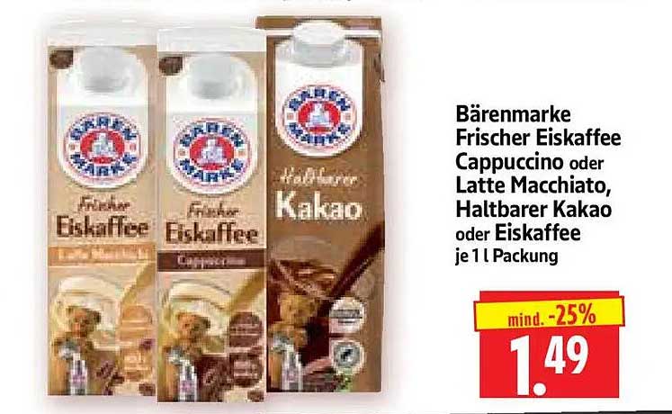 Bärenmarke Frischer Eiskaffee Cappuccino oder Latte Macchiato, Haltbarer Kakao oder Eiskaffee je 1 l Packung