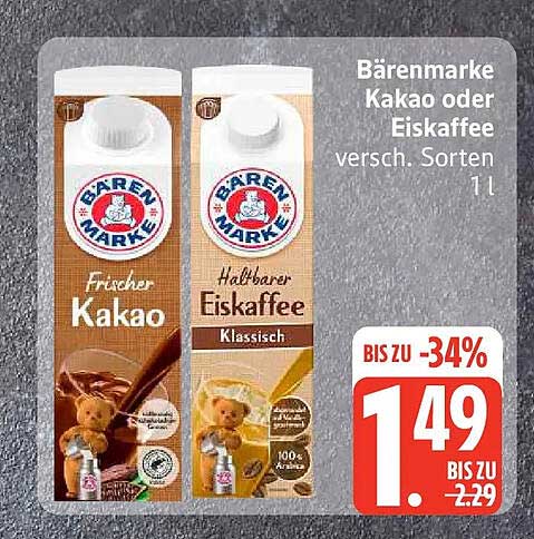 Bärenmarke Kakao oder Eiskaffee versch. Sorten 1 l