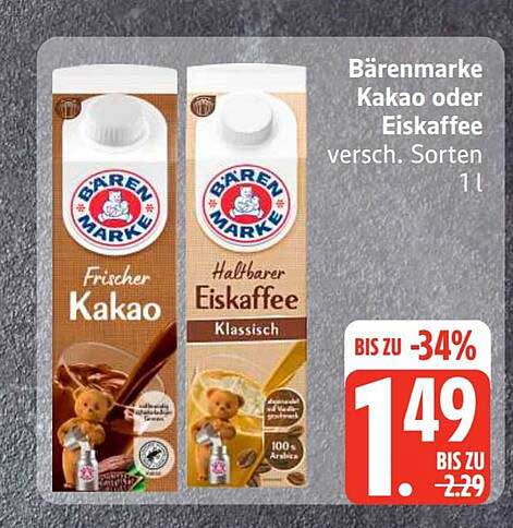 Bärenmarke Kakao oder Eiskaffee versch. Sorten 1 l