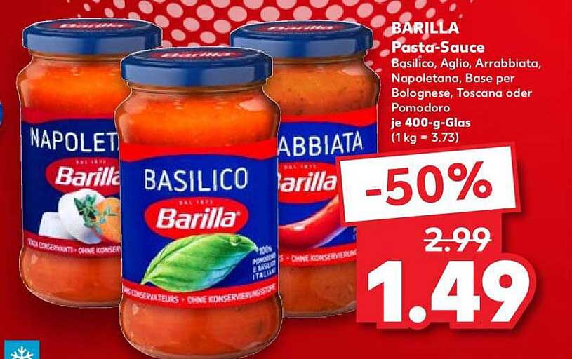 BARILLA Pasta-Sauce Basilico, Aglio, Arrabbiata, Napoletana, Base per Bolognese, Toscana oder Pomodoro je 400-g-Glas