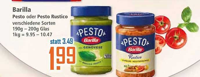 Barilla Pesto oder Pesto Rustico verschiedene Sorten 190g – 200g Glas 1kg = 9.95 – 10.47