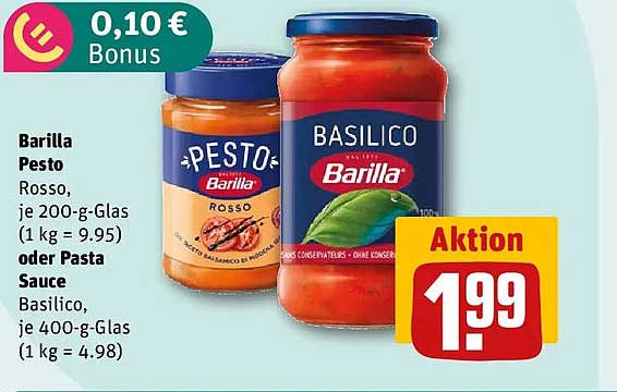 Barilla Pesto Rosso, je 200-g-Glas (1 kg = 9.95) oder Pasta Sauce Basilico, je 400-g-Glas (1 kg = 4.98)