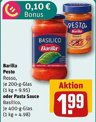 Barilla Pesto Rosso, je 200-g-Glas (1 kg = 9.95) oder Pasta Sauce Basilico, je 400-g-Glas (1 kg = 4.98)