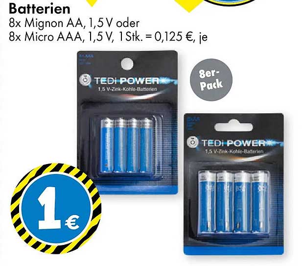Batterien 8x Mignon AA, 1,5V oder 8x Micro AAA, 1,5 V, 1 Stk. = 0,125 €, je