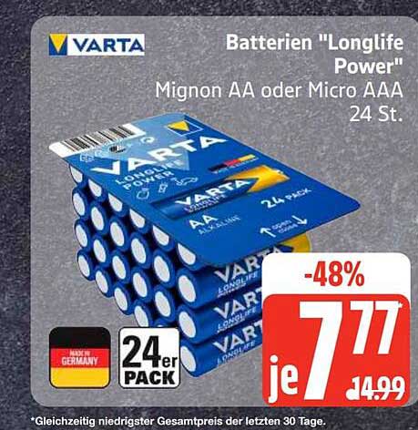 Batterien "Longlife Power" Mignon AA oder Micro AAA 24 St.
