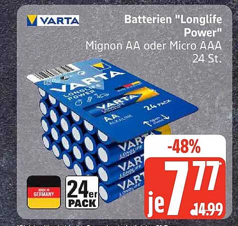 Batterien "Longlife Power" Mignon AA oder Micro AAA 24 St.