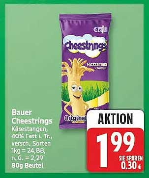 Bauer Cheestrings Käsestangen, 40% Fett i. Tr., versch. Sorten, 1kg = 24,88, n. G. = 2,29, 80g Beutel