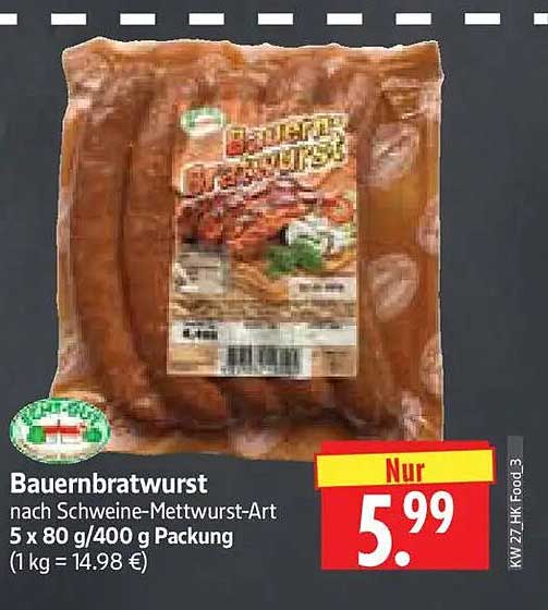 Bauernbratwurst nach Schweine-Mettwurst-Art 5 x 80 g/400 g Packung (1 kg = 14.98 €)