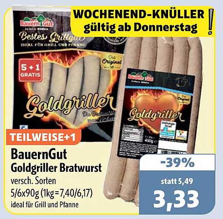 BauernGut Goldgriller Bratwurst versch. Sorten 5/6x90g (1kg=7,40/6,17) ideal für Grill und Pfanne