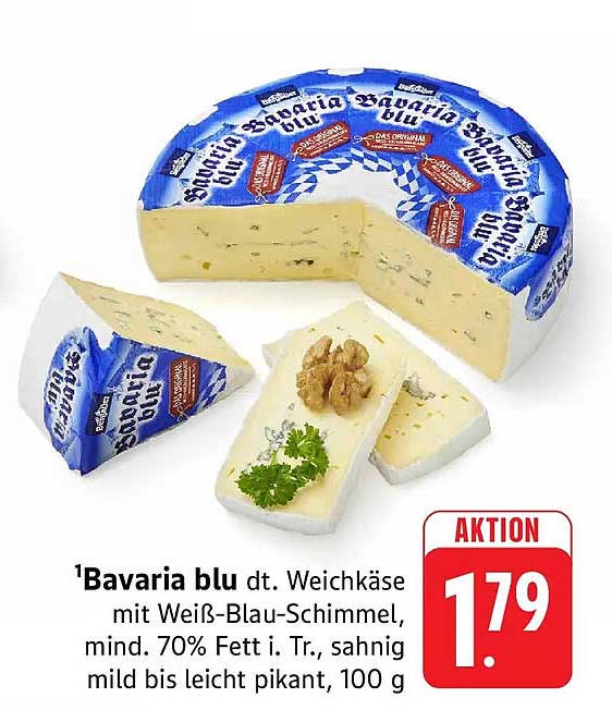 Bavaria blu dt. Weichkäse mit Weiß-Blau-Schimmel, mind. 70% Fett i. Tr., sahnig mild bis leicht pikant, 100 g