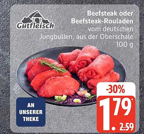 Beefsteak oder Beefsteak-Rouladen vom deutschen Jungbullen aus der Oberschale 100 g