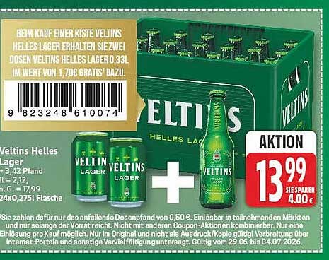 BEIM KAUF EINER KISTE VELTINS HELLES LAGER ERHALTEN SIE ZWEI DOSEN VELTINS HELLES LAGER 0,33L IM WERT VON 1,70€ GRATIS! DAZU