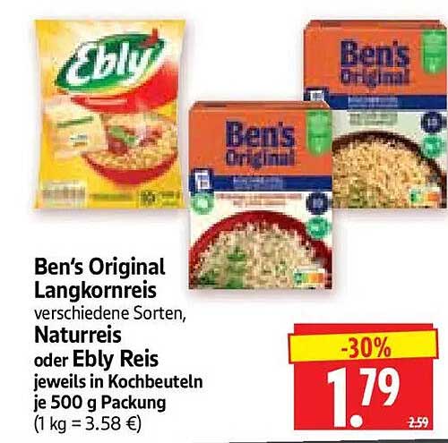 Ben’s Original Langkornreis verschiedene Sorten, Naturreis oder Ebly Reis jeweils in Kochbeuteln je 500 g Packung (1 kg = 3.58 €)