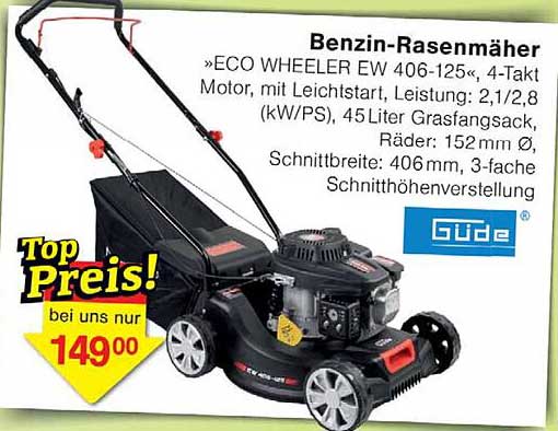Benzin-Rasenmäher »ECO WHEELER EW 406-125«, 4-Takt Motor, mit Leichtstart, Leistung: 2,1/2,8 (kW/PS), 45 Liter Grasfangsack, Räder: 152 mm Ø, Schnittbreite: 406mm, 3-fache Schnitthöhenverstellung