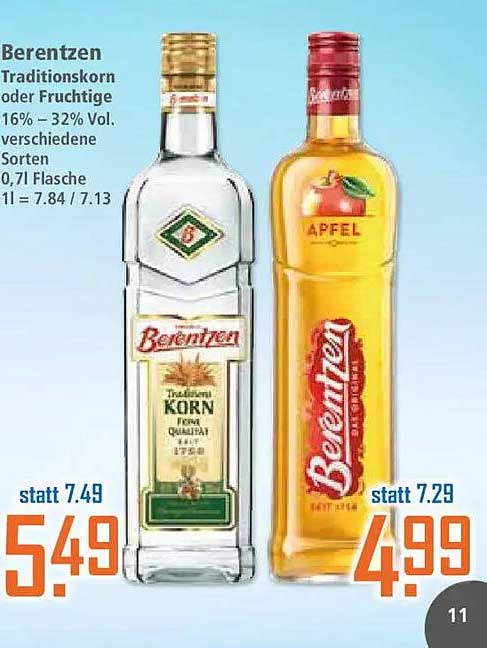 Berentzen Traditionskorn oder Fruchtige 16% – 32% Vol. verschiedene Sorten 0,7 l Flasche 1 l = 7.84 / 7.13