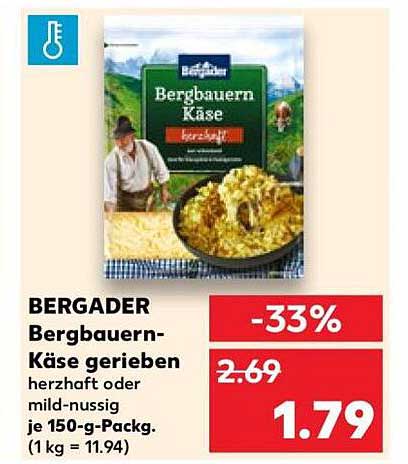 BERGADER Bergbauern-Käse gerieben herzhaft oder mild-nussig je 150-g-Packg. (1 kg = 11.94)